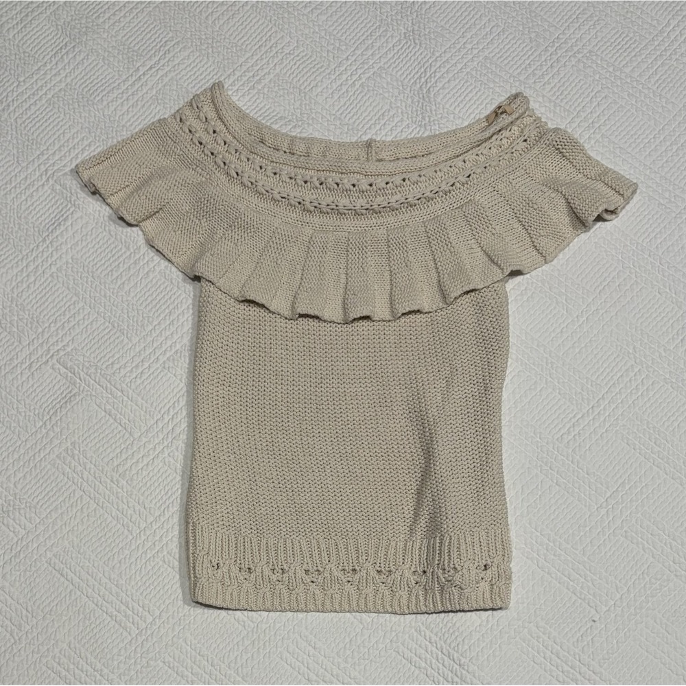 Anthropologie Women's Sweater Ruffled Neckline Off-The-Shoulder Size Small Beige